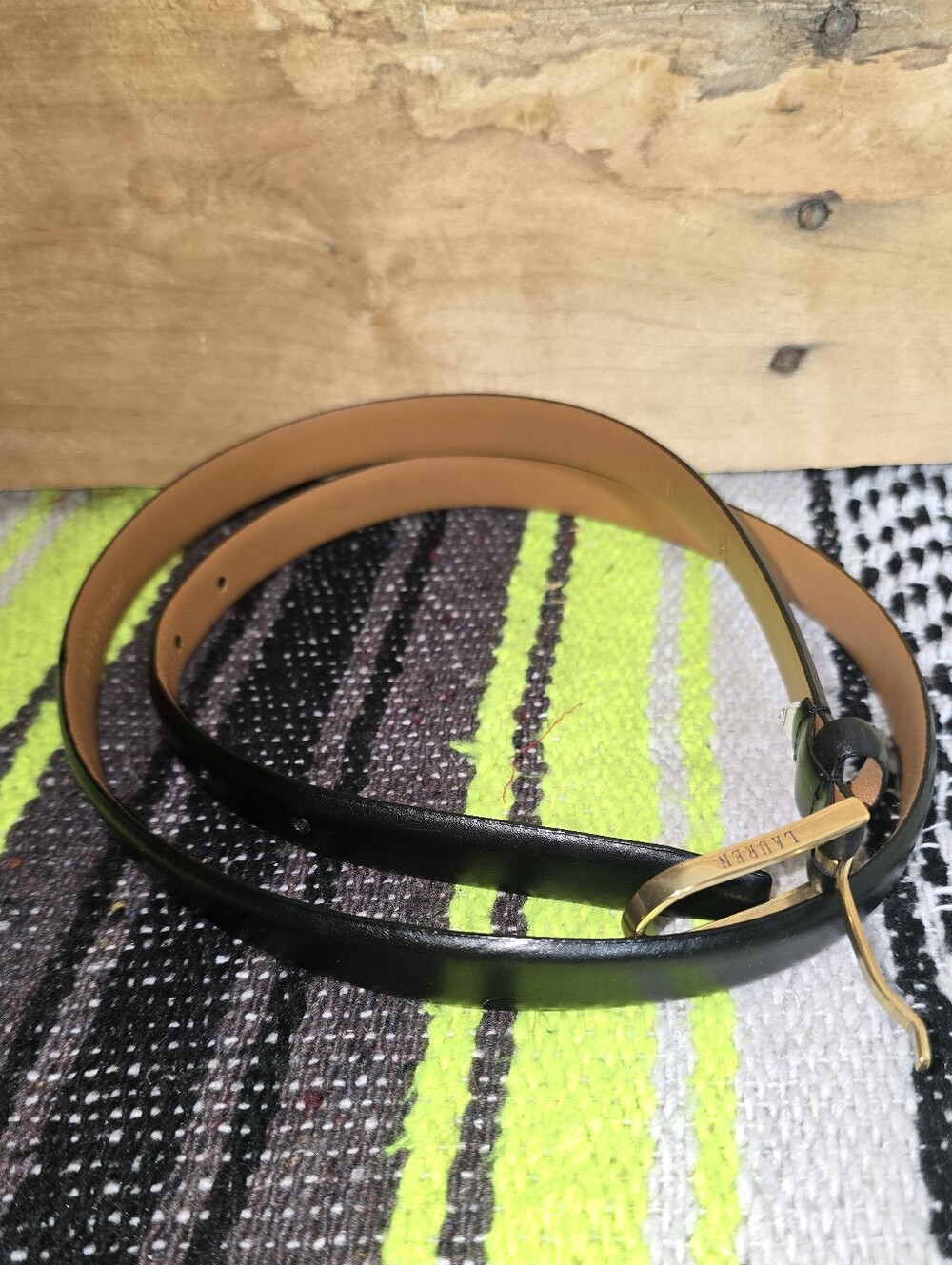 Lauren Ralph Lauren Black  Leather Skinny Belt with Gold-Tone Buckle Size:XL
